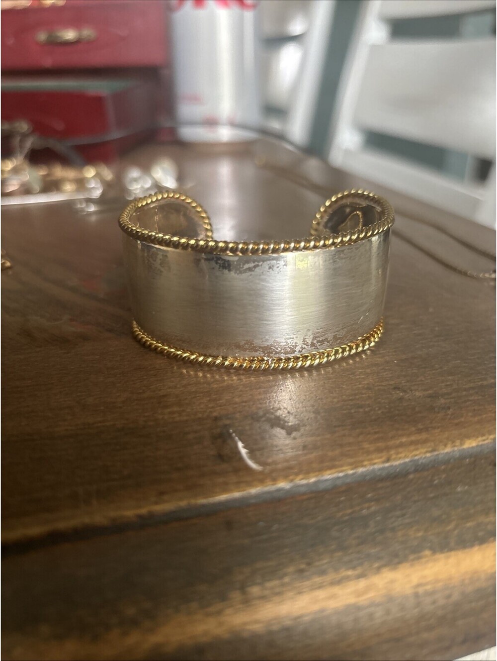 Sterling Silver Cuff Bracelet with Brass Twisted Wire Edge +